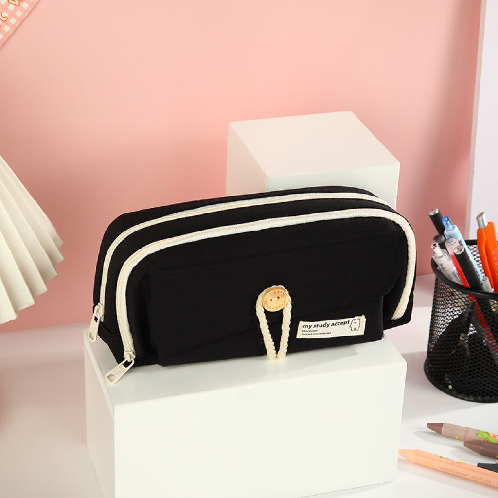 Large Capacity Three Layer Pencil Case Cute Canvas Pen Pouch Bag Cosmetic Bag Portable Storage Bag for Teen Students Office School Supplies