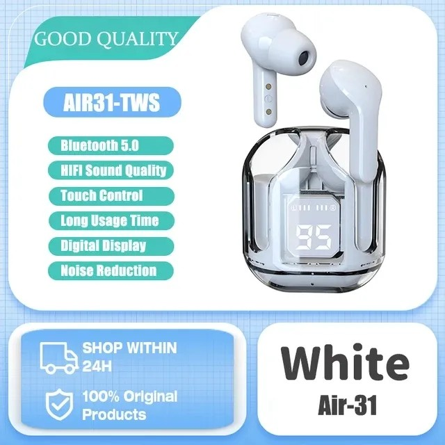 Air31 Transparent TWS Wireless Earbuds - Bluetooth 5.3 Stereo Headset with Heavy Bass & Digital Display - Touch Control Gaming Sports Headphone