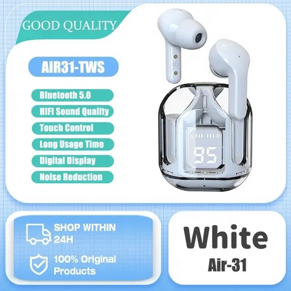 Air31 Transparent TWS Wireless Earbuds - Bluetooth 5.3 Stereo Headset with Heavy Bass & Digital Display - Touch Control Gaming Sports Headphone