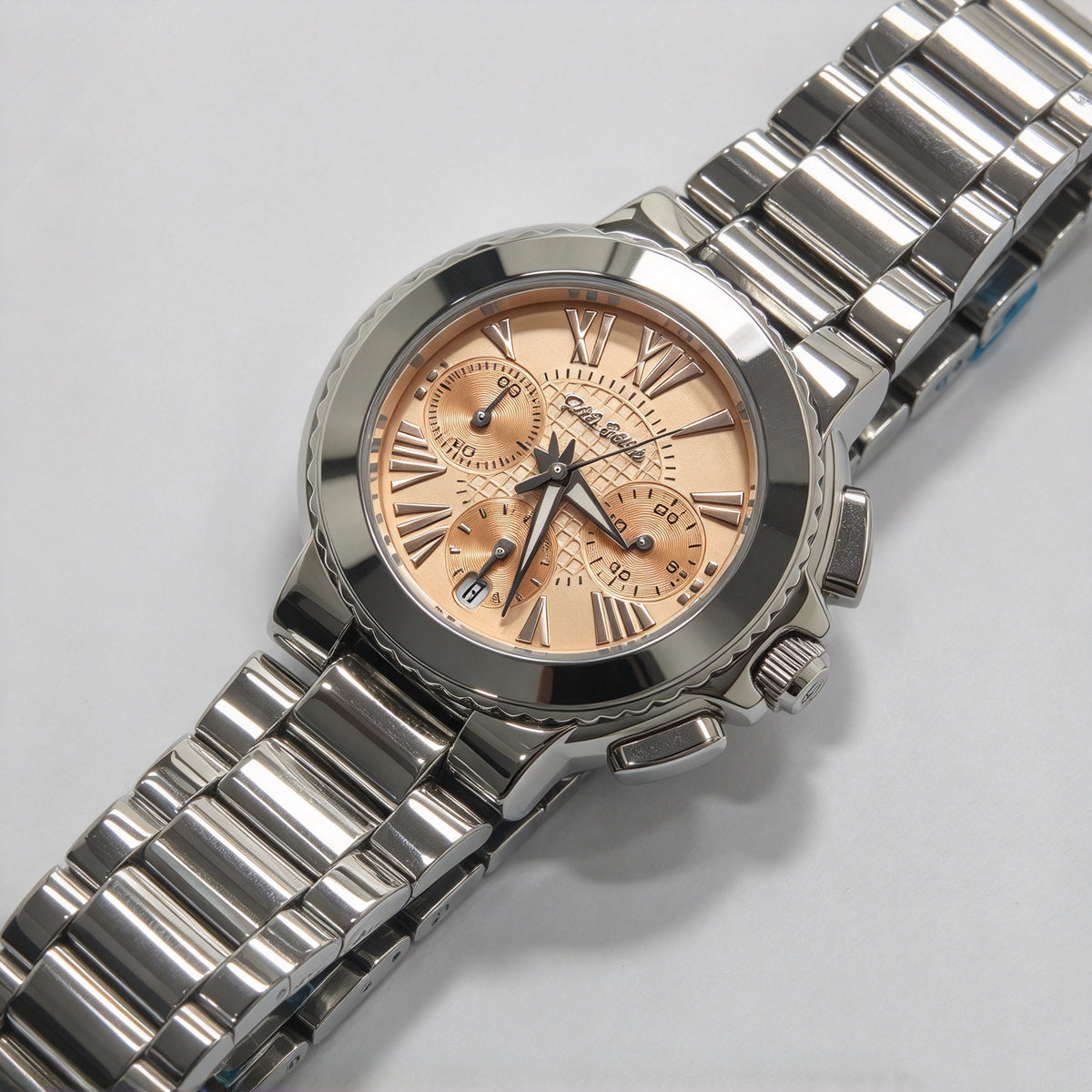 Folli Follie Silver Stainless Steel Chronograph Ladies Watch, Peach Dial Roman Numeral Multi-Function Wristwatch with Date Display