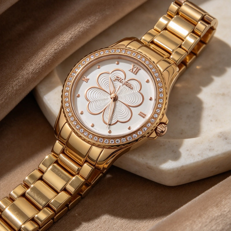 Folli Follie Golden Women’s Wrist Watch, White Clover Dial with Crystal Studded Bezel, Gold Stainless Steel Bracelet Analog Watch for Ladies