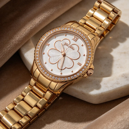 Folli Follie Golden Women’s Wrist Watch, White Clover Dial with Crystal Studded Bezel, Gold Stainless Steel Bracelet Analog Watch for Ladies