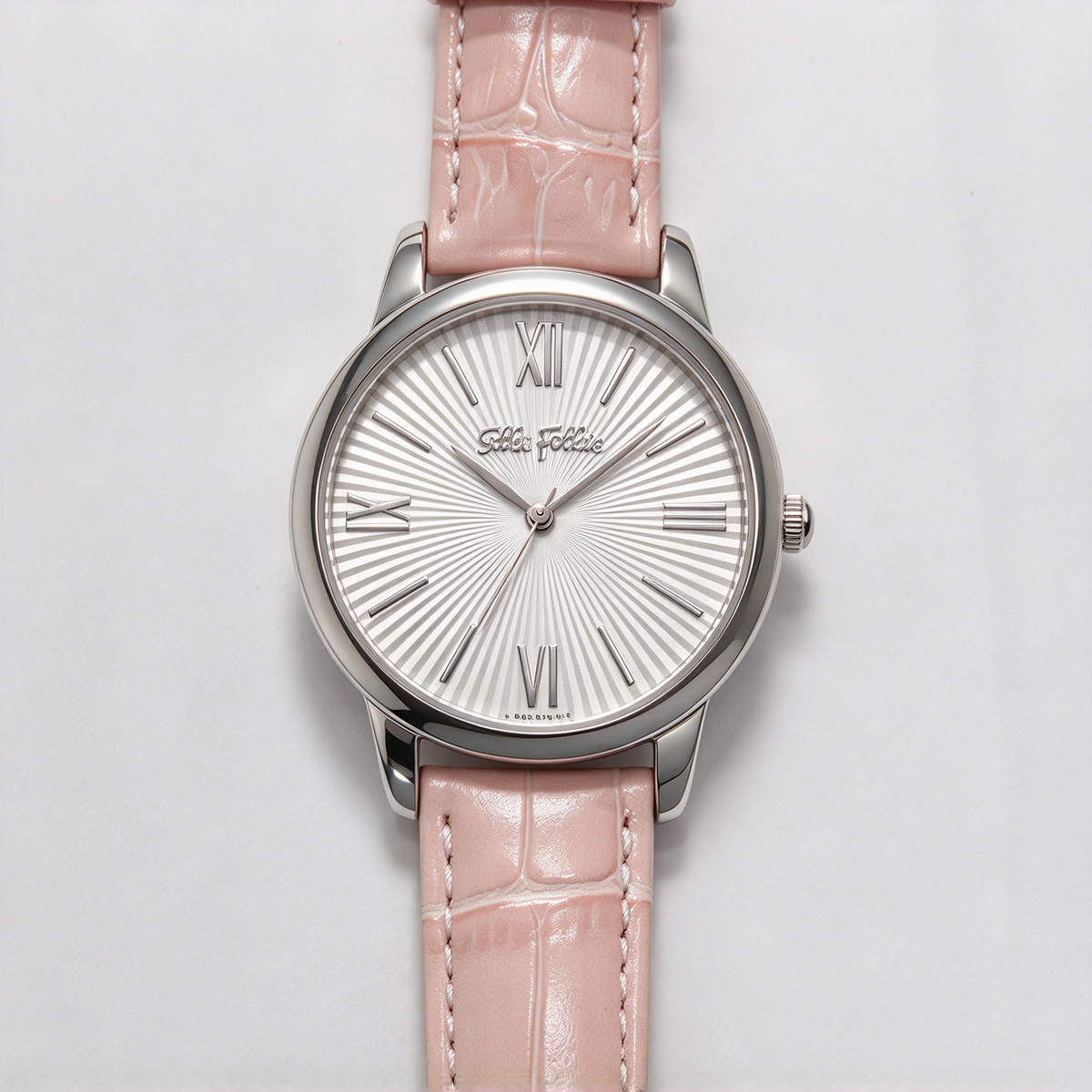 Folli Follie Women's Quartz Watch, Round Silver Case, Pink Crocodile Texture Leather Strap, Roman Numeral Dial, Elegant Casual Ladies Wristwatch