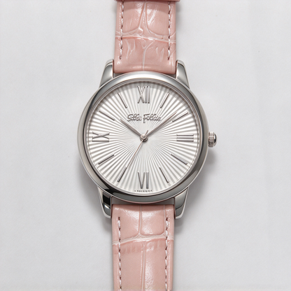 Folli Follie Women's Quartz Watch, Round Silver Case, Pink Crocodile Texture Leather Strap, Roman Numeral Dial, Elegant Casual Ladies Wristwatch