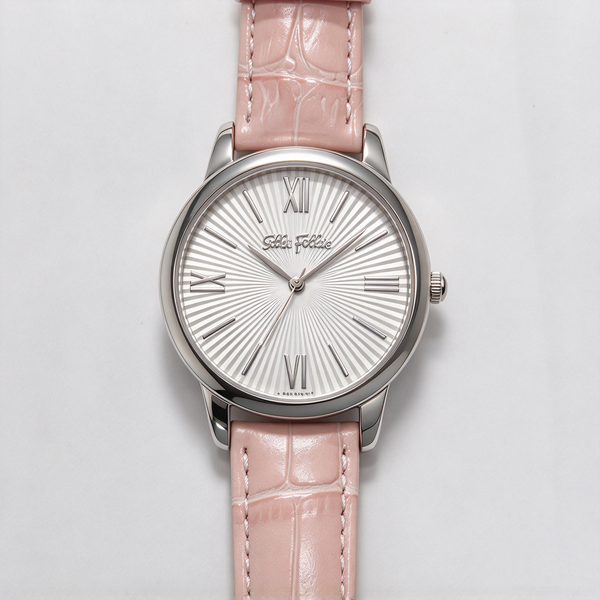 Folli Follie Women's Quartz Watch, Round Silver Case, Pink Crocodile Texture Leather Strap, Roman Numeral Dial, Elegant Casual Ladies Wristwatch