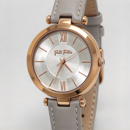 Folli Follie Ladies Watch, Rose Gold Round Case, White Leather Strap, Roman Numeral Dial Quartz Wristwatch