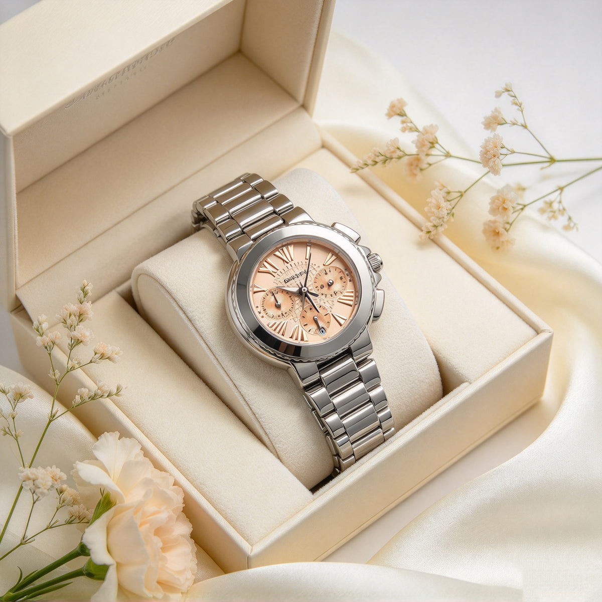 Folli Follie Silver Stainless Steel Chronograph Ladies Watch, Peach Dial Roman Numeral Multi-Function Wristwatch with Date Display