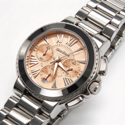 Folli Follie Silver Stainless Steel Chronograph Ladies Watch, Peach Dial Roman Numeral Multi-Function Wristwatch with Date Display