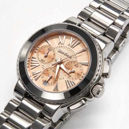 Folli Follie Silver Stainless Steel Chronograph Ladies Watch, Peach Dial Roman Numeral Multi-Function Wristwatch with Date Display