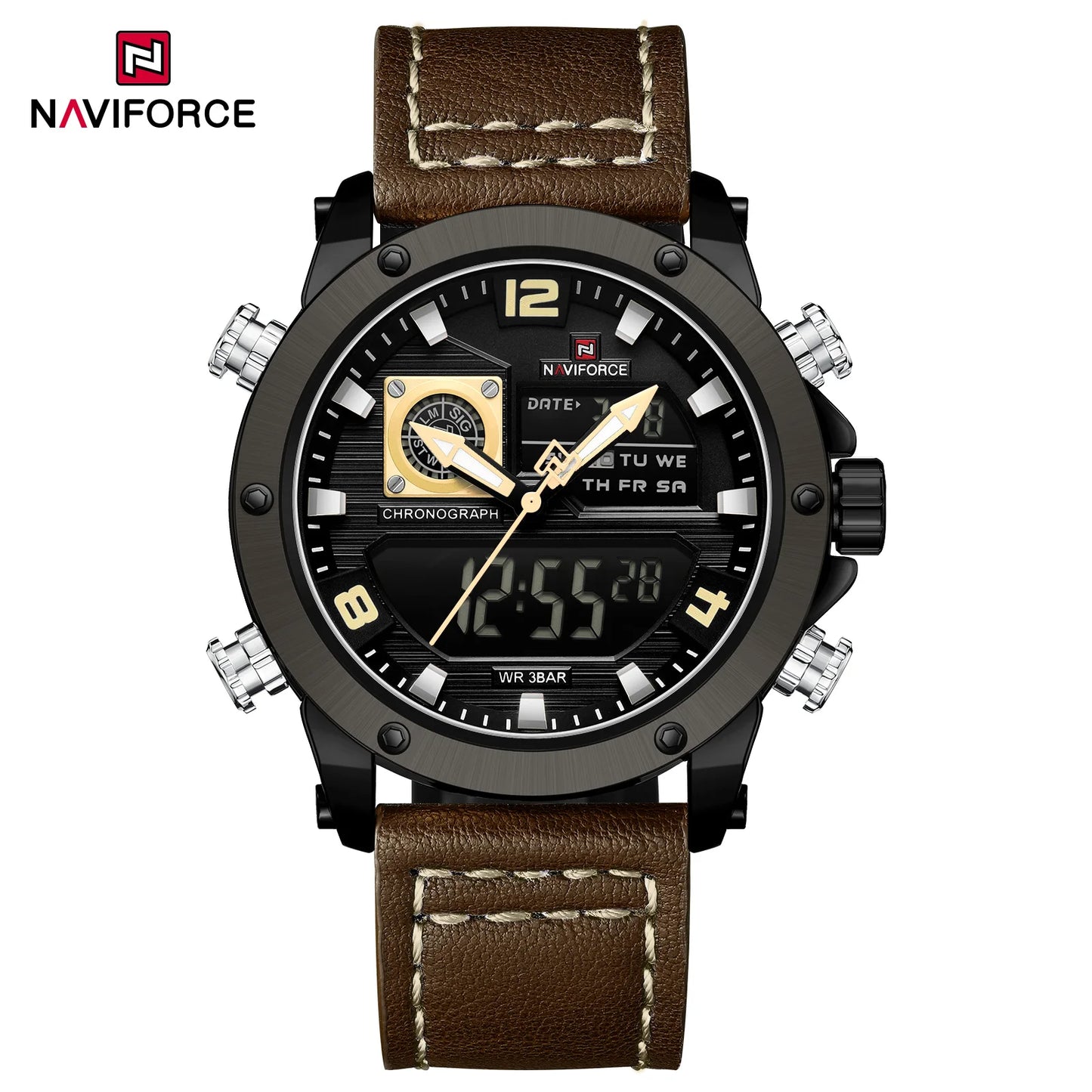 NAVIFORCE 9236 Luxury Men Wrist Watch Double Display Leather High Quality Quartz Digital Watch Sports Waterproof Multifunction Clock