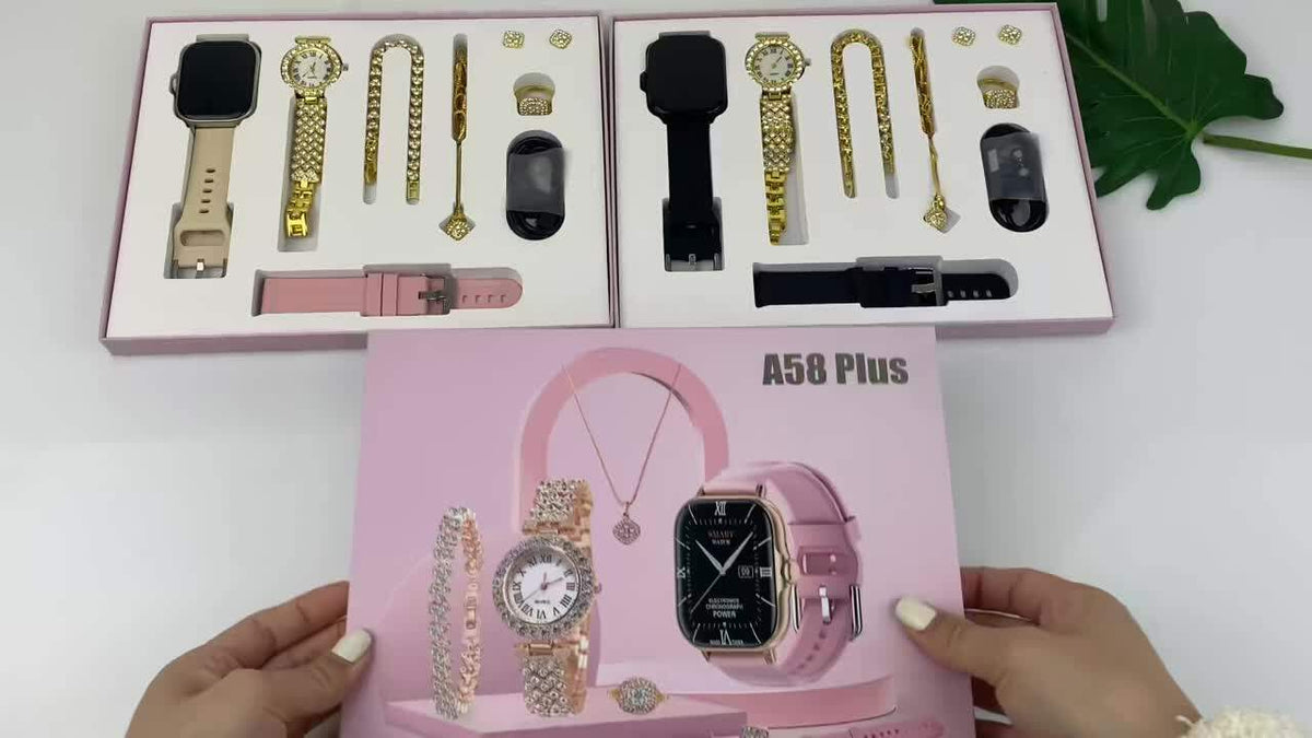 A58 Plus Smart Watch and Jewellery Gift Set for Valentine's Day Gift, Anniversary Birthday Gift. Smart Watch, Analog Watch, Necklace, Earrings, Bracelet and Ring Combo Gift Set for Girls