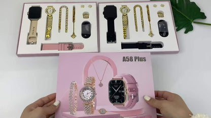 A58 Plus Smart Watch and Jewellery Gift Set for Valentine's Day Gift, Anniversary Birthday Gift. Smart Watch, Analog Watch, Necklace, Earrings, Bracelet and Ring Combo Gift Set for Girls