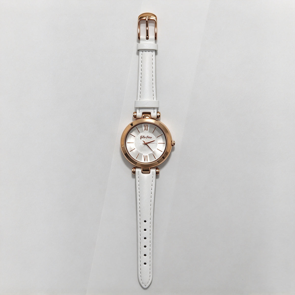 Folli Follie Ladies Watch, Rose Gold Round Case, White Leather Strap, Roman Numeral Dial Quartz Wristwatch
