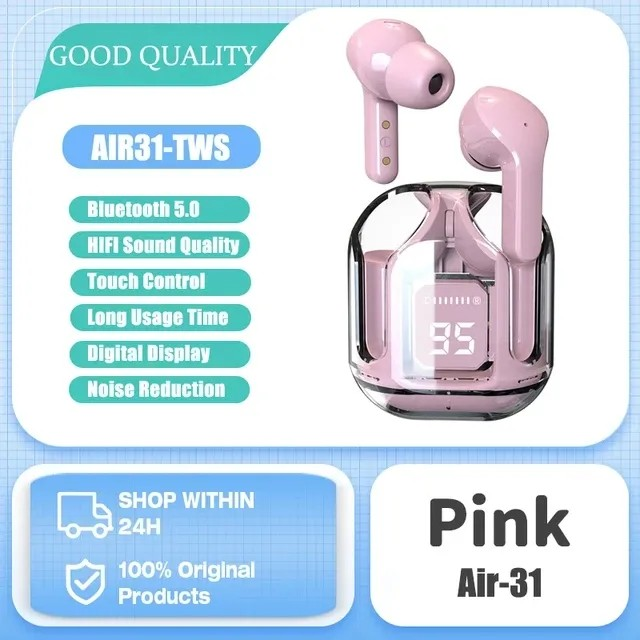 Air31 Transparent TWS Wireless Earbuds - Bluetooth 5.3 Stereo Headset with Heavy Bass & Digital Display - Touch Control Gaming Sports Headphone