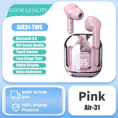 Air31 Transparent TWS Wireless Earbuds - Bluetooth 5.3 Stereo Headset with Heavy Bass & Digital Display - Touch Control Gaming Sports Headphone