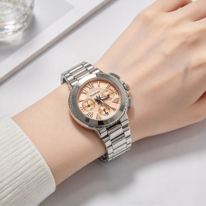 Folli Follie Silver Stainless Steel Chronograph Ladies Watch, Peach Dial Roman Numeral Multi-Function Wristwatch with Date Display