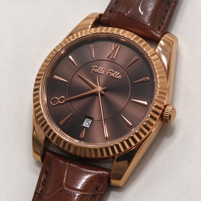 Folli Follie Men Quartz Watch, 40mm Rose Gold Fluted Bezel, Date Window, Croc Embossed Brown Leather Strap Wrist Watch
