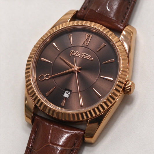 Folli Follie Men Quartz Watch, 40mm Rose Gold Fluted Bezel, Date Window, Croc Embossed Brown Leather Strap Wrist Watch