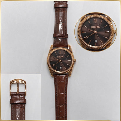 Folli Follie Men Quartz Watch, 40mm Rose Gold Fluted Bezel, Date Window, Croc Embossed Brown Leather Strap Wrist Watch