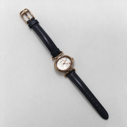 Folli Follie Oval Ladies Watch, Black Leather Strap Rose Gold Case Clover Dial Quartz Wrist Watch for Women