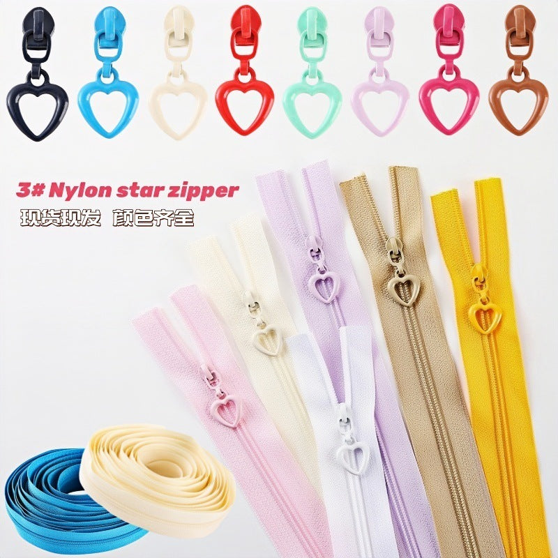 No. 3 nylon zipper with love piece zipper head, quilt cover, quilt cover, bag, handbag, pencil bag, mobile phone bag DIY handbag.