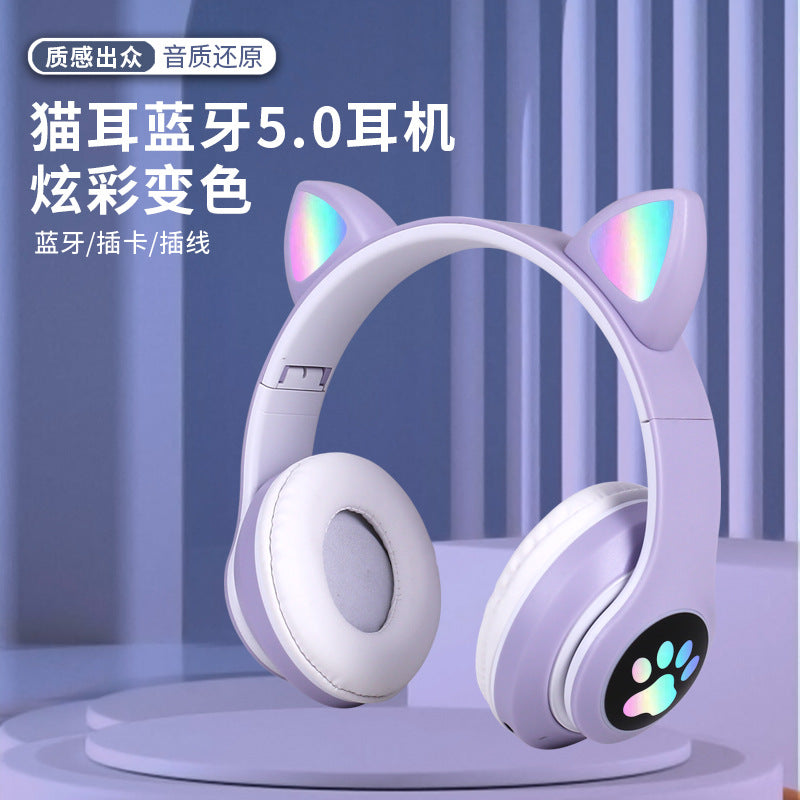 Cross-border head-mounted Bluetooth headset STN-28 cat ear heavy bass flash luminous wireless sports card headset
