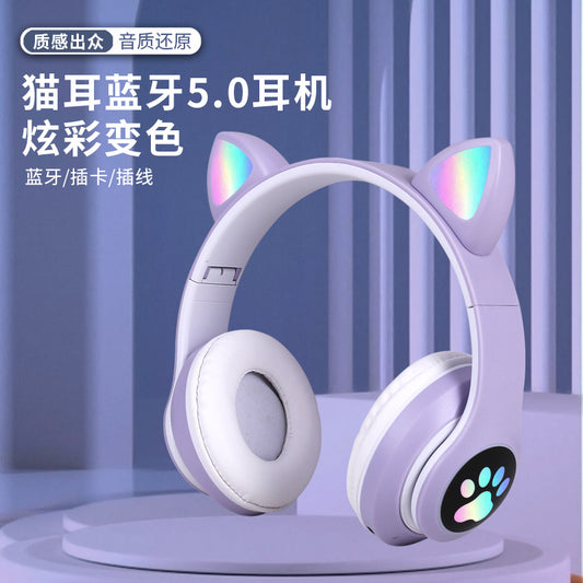 Cross-border head-mounted Bluetooth headset STN-28 cat ear heavy bass flash luminous wireless sports card headset