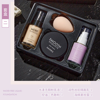 Han Ru Foundation Four-piece Set Concealer Isolation Makeup Front Milk Setting Powder Women's Cosmetics Makeup Set Naked Makeup