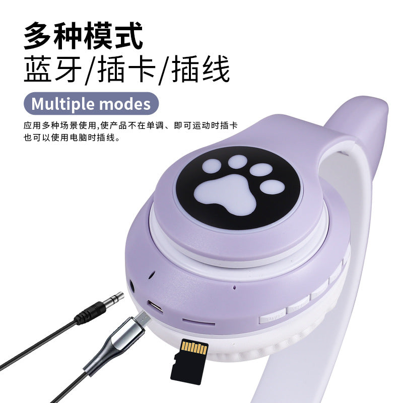 Cross-border head-mounted Bluetooth headset STN-28 cat ear heavy bass flash luminous wireless sports card headset