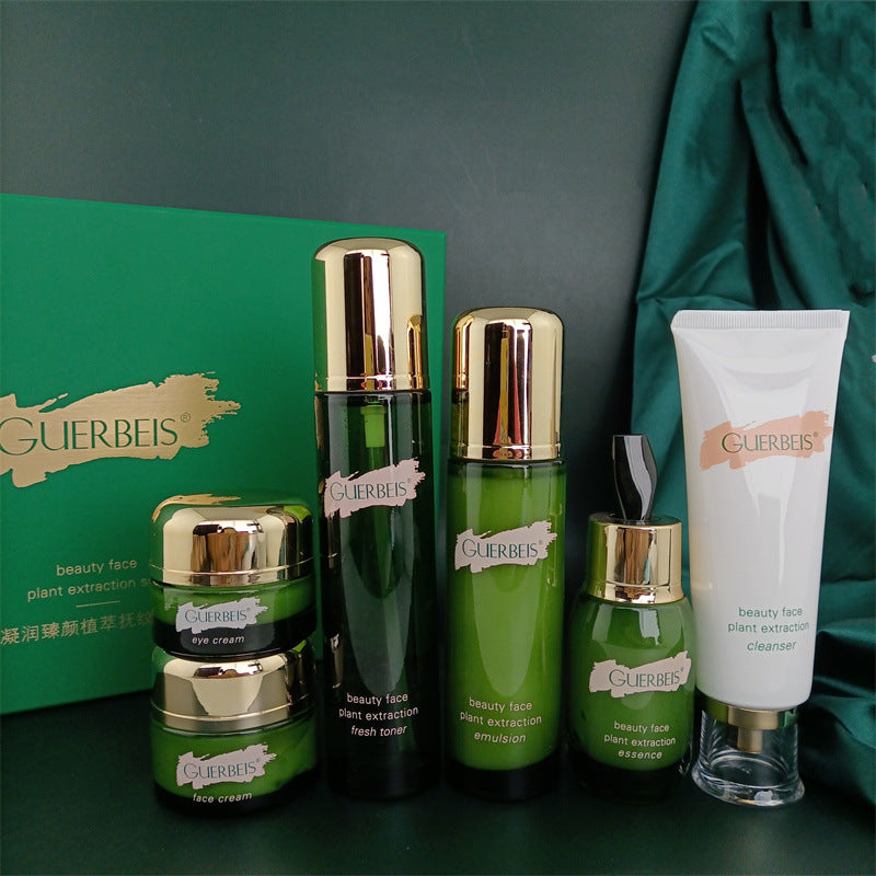 Jiaobei Shi Ningrun Zhenyan Plant Extract Stroke Pattern Six-piece Water Milk Set Box Small Green Bottle Skin Care Product Set Big Brand Hair