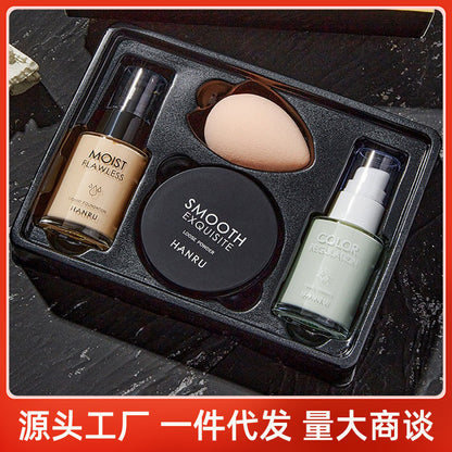 Han Ru Foundation Four-piece Set Concealer Isolation Makeup Front Milk Setting Powder Women's Cosmetics Makeup Set Naked Makeup
