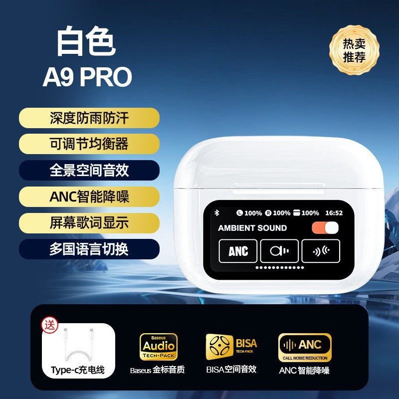 Cross-border new A9PRO wireless digital display bluetooth headset smart color screen noise reduction headset game call in-ear