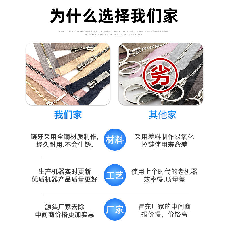 No. 5 Y tooth light gold metal open tail zipper, smooth titanium alloy, clothing jacket, luggage, flame retardant open jacket