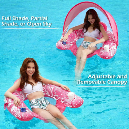 【Quality】 Pool Floats With Canopy Covered Pool Float Heavy Raft With Holder Water Floatie For Swimming River Beach Outdoor Tanning