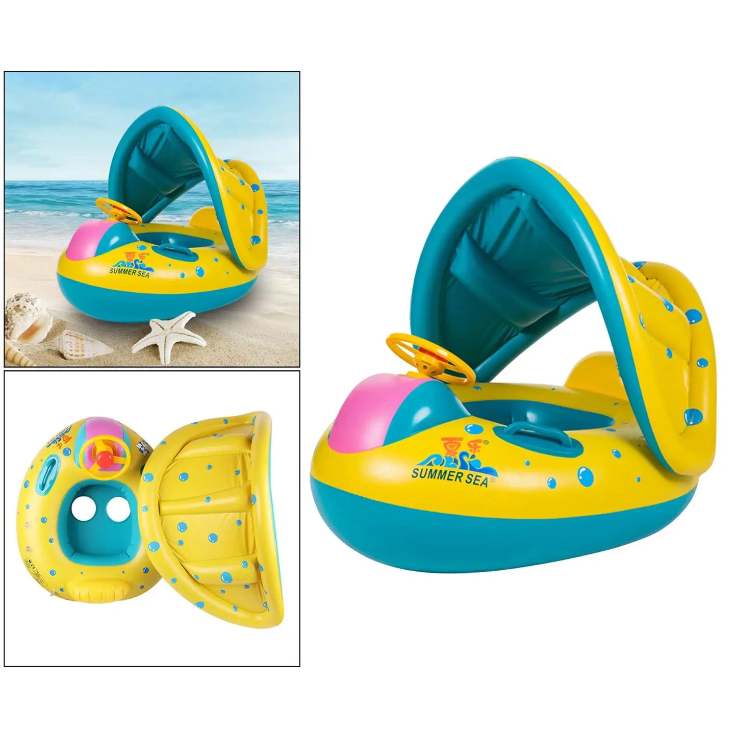【Limited-time offer】 Durable Baby Swimming Ring Float Raft Large Seat w/ Adjustable Canopy