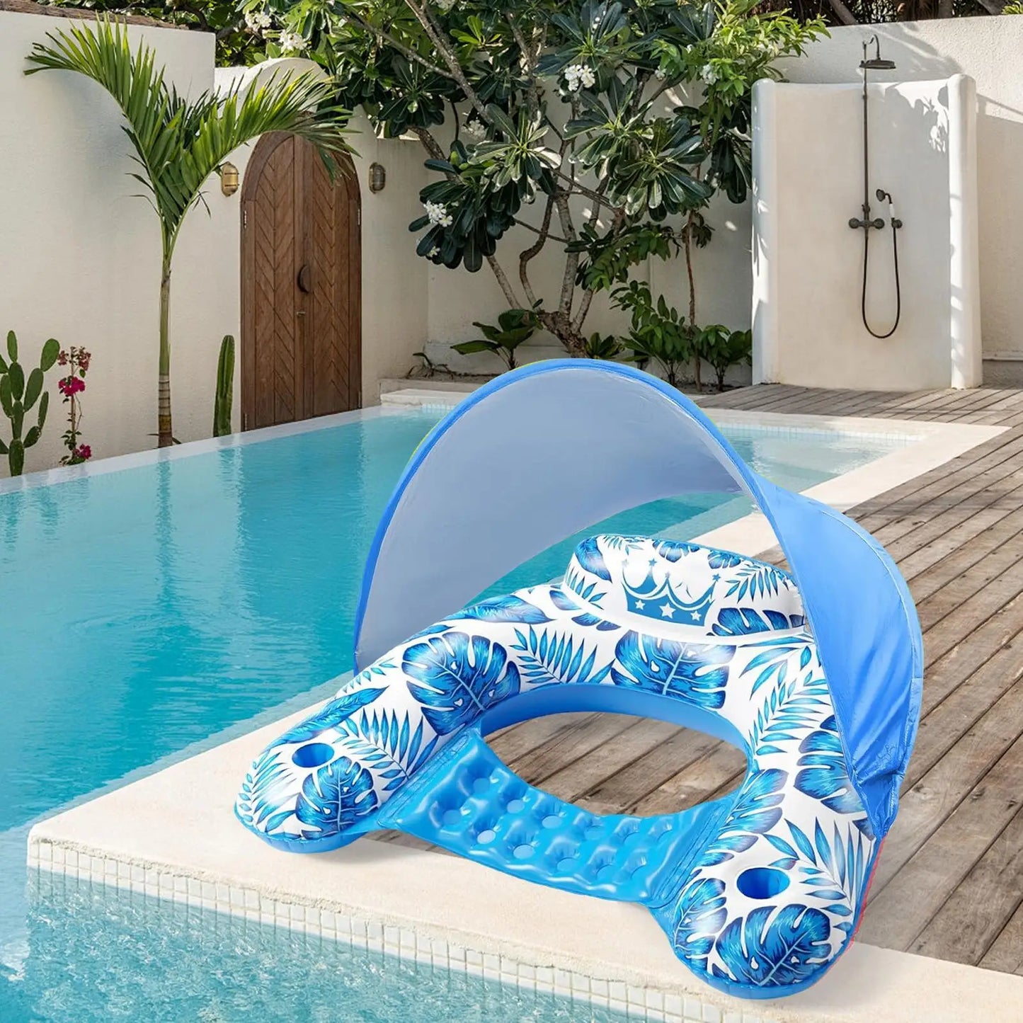 【Quality】 Pool Floats With Canopy Covered Pool Float Heavy Raft With Holder Water Floatie For Swimming River Beach Outdoor Tanning