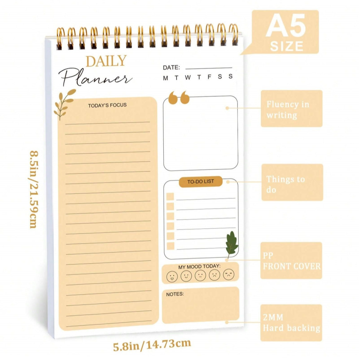Daily Planner Notebook with Hourly Schedule, the Perfect Office Supplies, with Attached Color Index Stickers