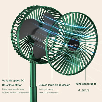 Portable Folding Fan, Rechargeable Standing Pedestal USB Fan, 3 Speeds, 3000mAh Battery Operated Fan for Home, Camping, Outdoor and Office, 6.5-Inch(Green)