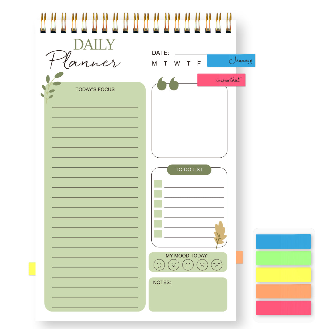 Daily Planner Notebook with Hourly Schedule, the Perfect Office Supplies, with Attached Color Index Stickers