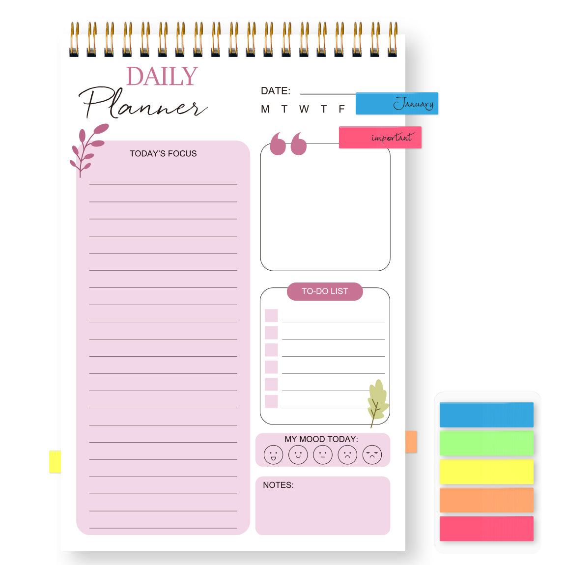 Daily Planner Notebook with Hourly Schedule, the Perfect Office Supplies, with Attached Color Index Stickers