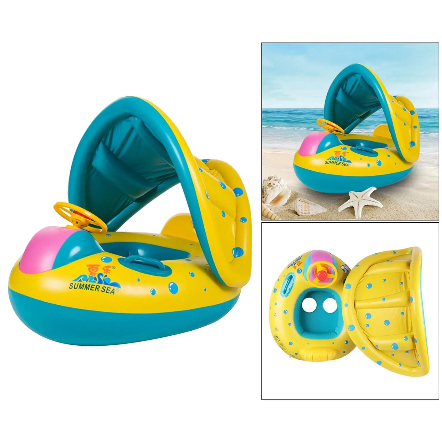 【Limited-time offer】 Durable Baby Swimming Ring Float Raft Large Seat w/ Adjustable Canopy
