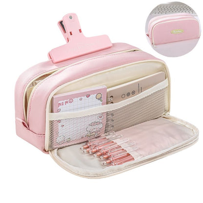 Creative Large Capacity Double Layer Canvas Pencil Case Waterproof Durable Zipper Closure Macron Color Pencil Bag Student School Supplies