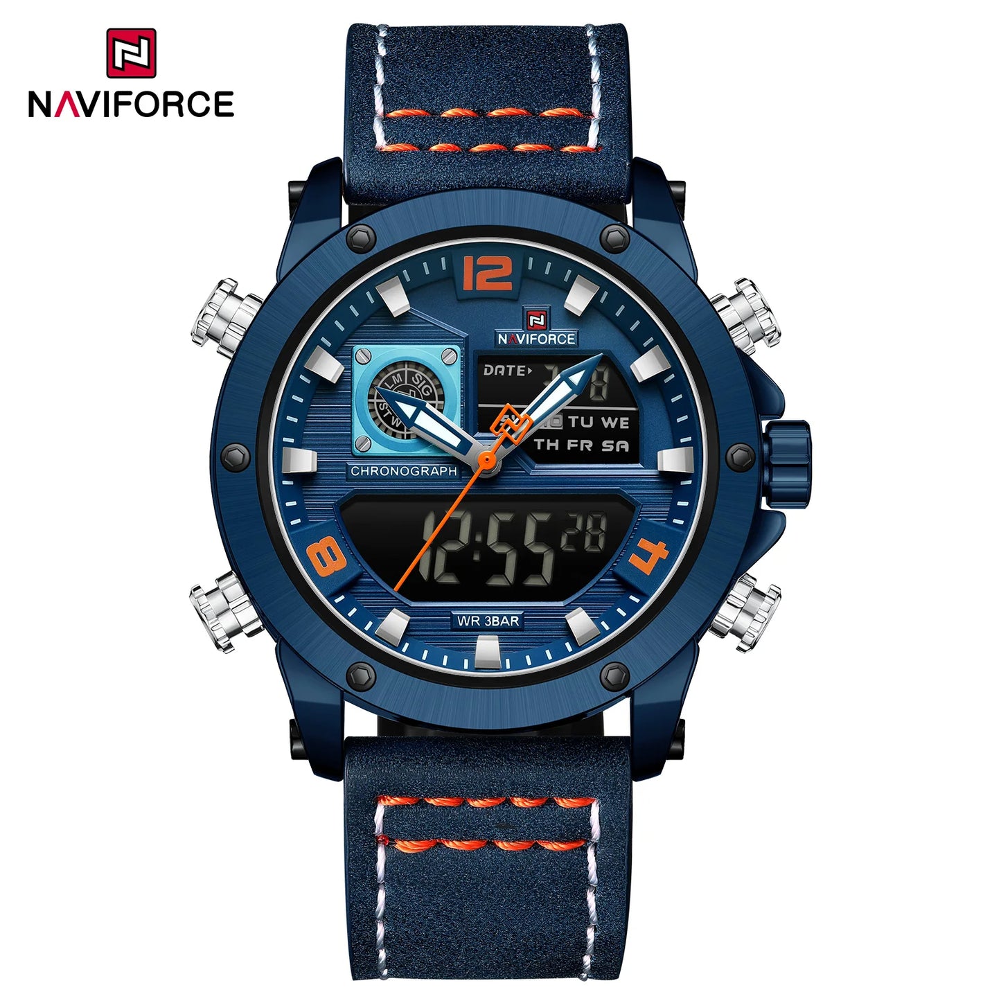 NAVIFORCE 9236 Luxury Men Wrist Watch Double Display Leather High Quality Quartz Digital Watch Sports Waterproof Multifunction Clock