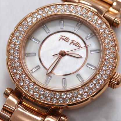 Folli Follie BEAUTIME Rose Gold Crystal Bezel Ladies Quartz Watch WF1B020BSS Elegant Stainless Steel Bracelet Wristwatch