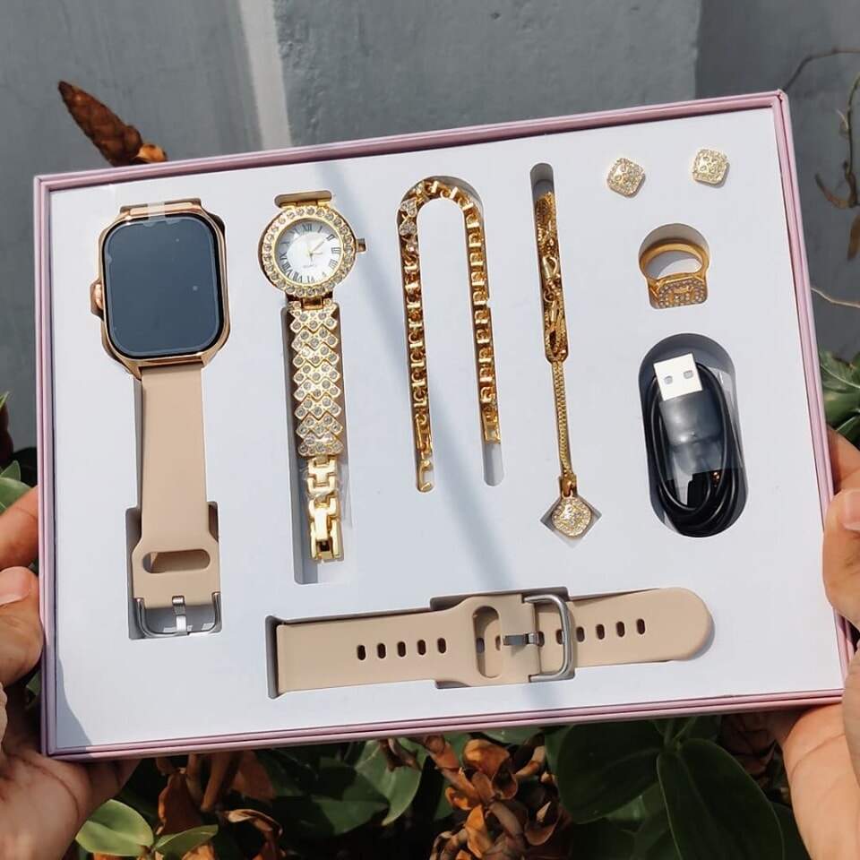 A58 Plus Smart Watch and Jewellery Gift Set for Valentine's Day Gift, Anniversary Birthday Gift. Smart Watch, Analog Watch, Necklace, Earrings, Bracelet and Ring Combo Gift Set for Girls