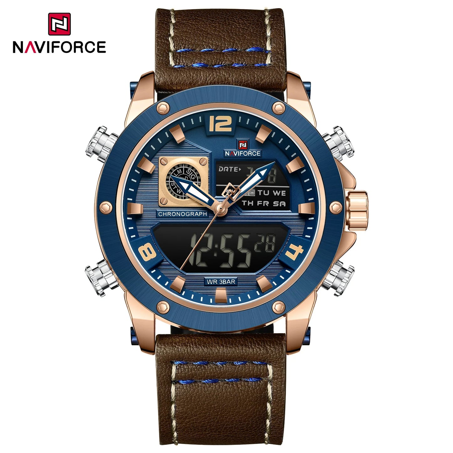 NAVIFORCE 9236 Luxury Men Wrist Watch Double Display Leather High Quality Quartz Digital Watch Sports Waterproof Multifunction Clock