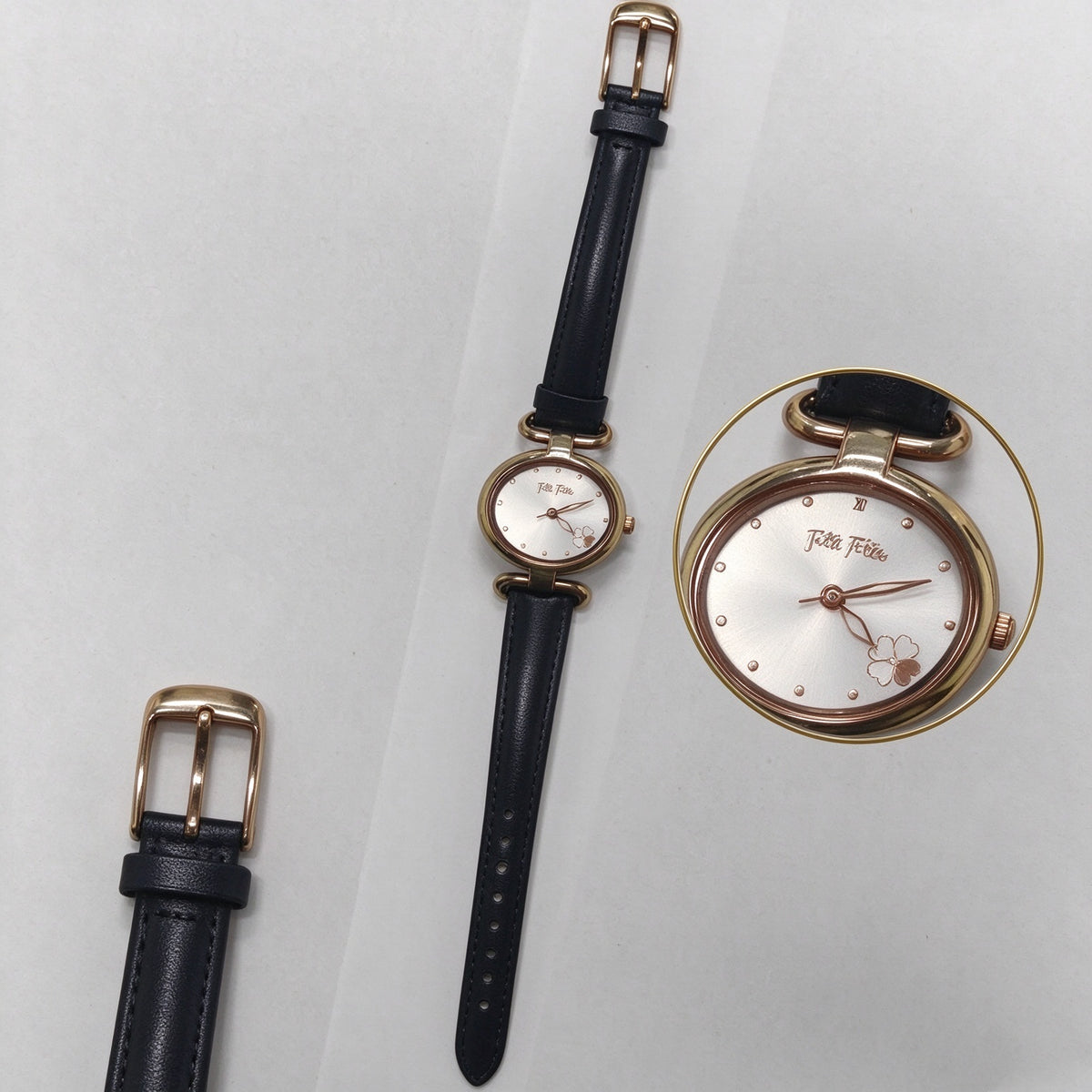 Folli Follie Oval Ladies Watch, Black Leather Strap Rose Gold Case Clover Dial Quartz Wrist Watch for Women