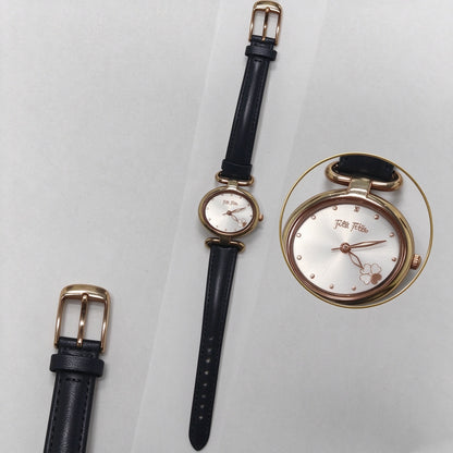 Folli Follie Oval Ladies Watch, Black Leather Strap Rose Gold Case Clover Dial Quartz Wrist Watch for Women