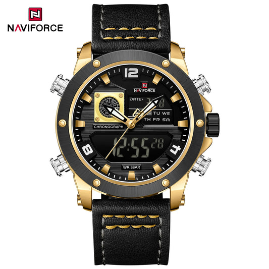 NAVIFORCE 9236 Luxury Men Wrist Watch Double Display Leather High Quality Quartz Digital Watch Sports Waterproof Multifunction Clock