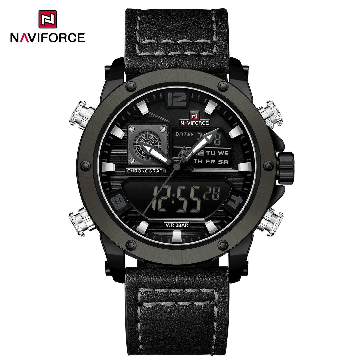 NAVIFORCE 9236 Luxury Men Wrist Watch Double Display Leather High Quality Quartz Digital Watch Sports Waterproof Multifunction Clock
